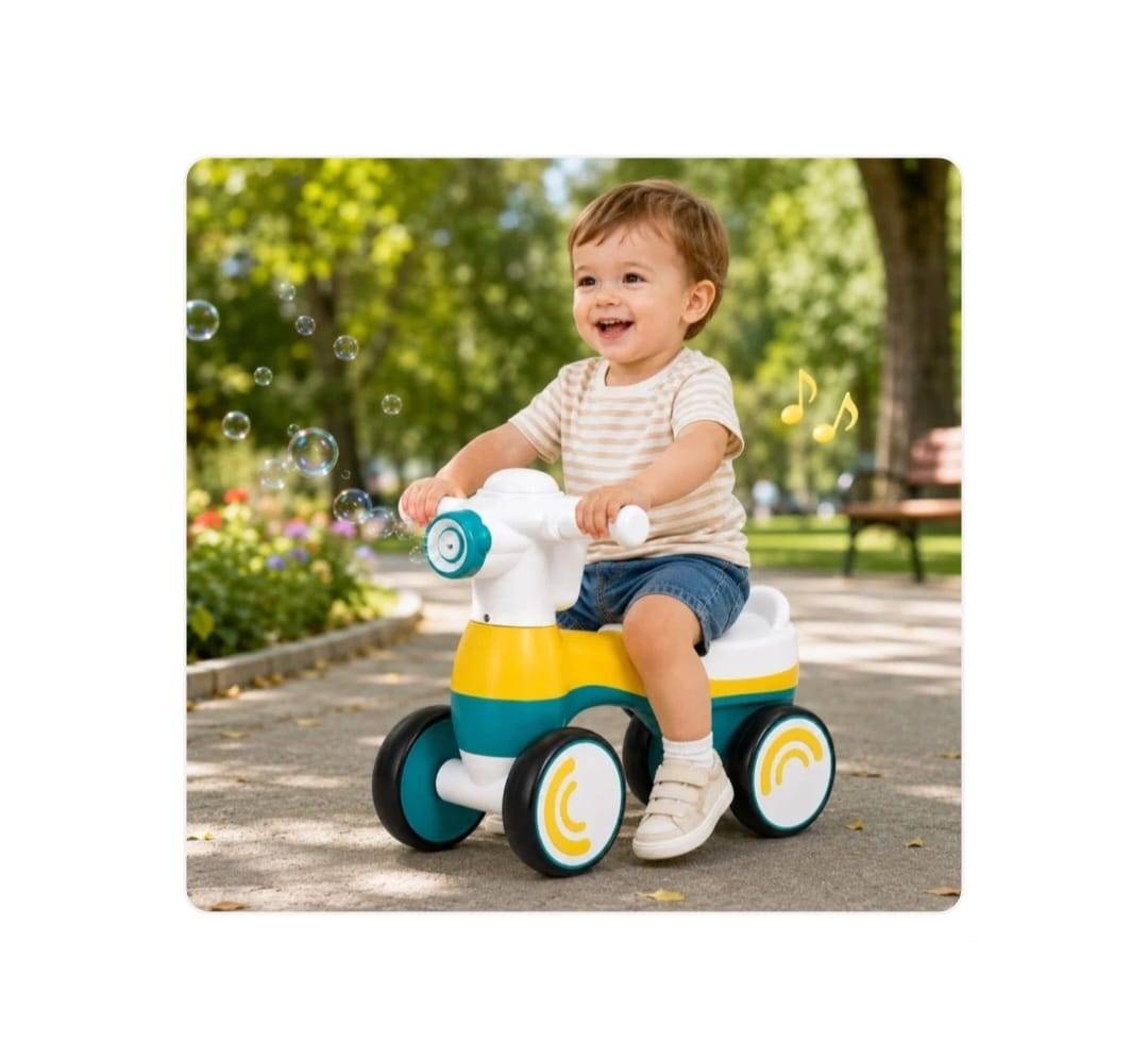Bicicleta fara pedale cu 4 roti cu lumini, sunete, baloane de sapun, multicolor, 1 an+