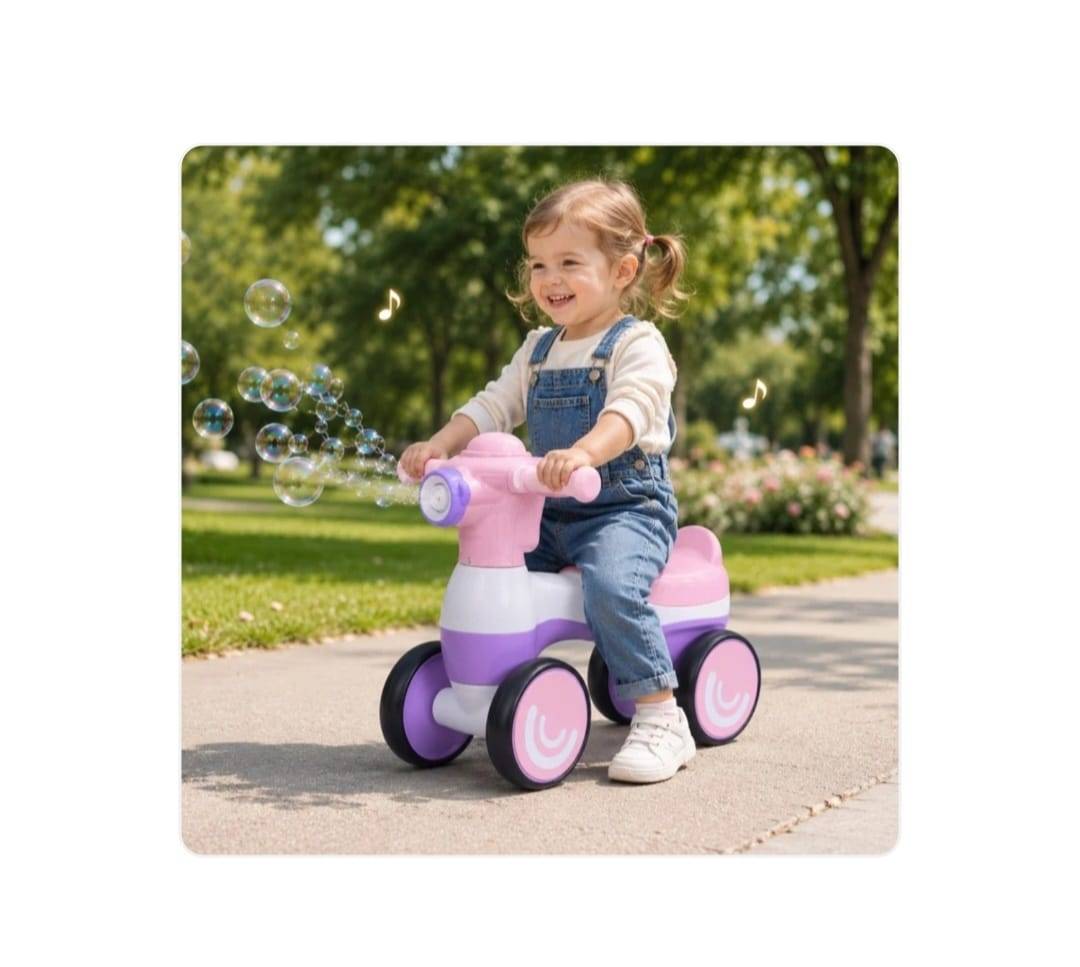 Bicicleta fara pedale cu 4 roti cu lumini, sunete, baloane de sapun, roz, 1 an+