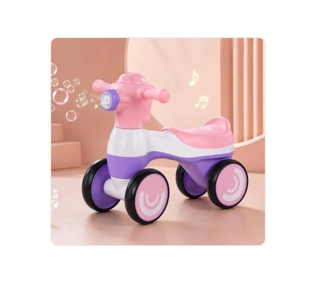 Bicicleta fara pedale cu 4 roti cu lumini, sunete, baloane de sapun, roz, 1 an+