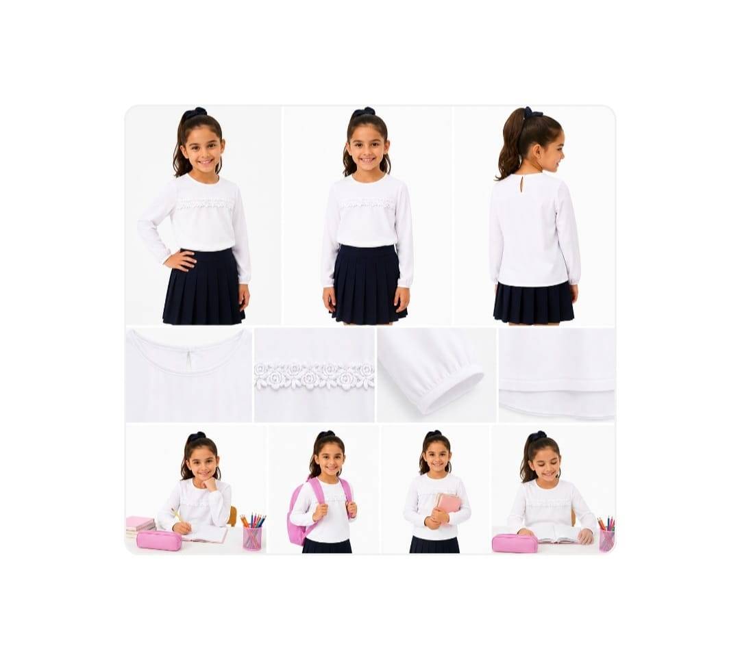 Bluza eleganta pentru fete, maneca transparenta, alb, marimea 7 ani - 14 ani