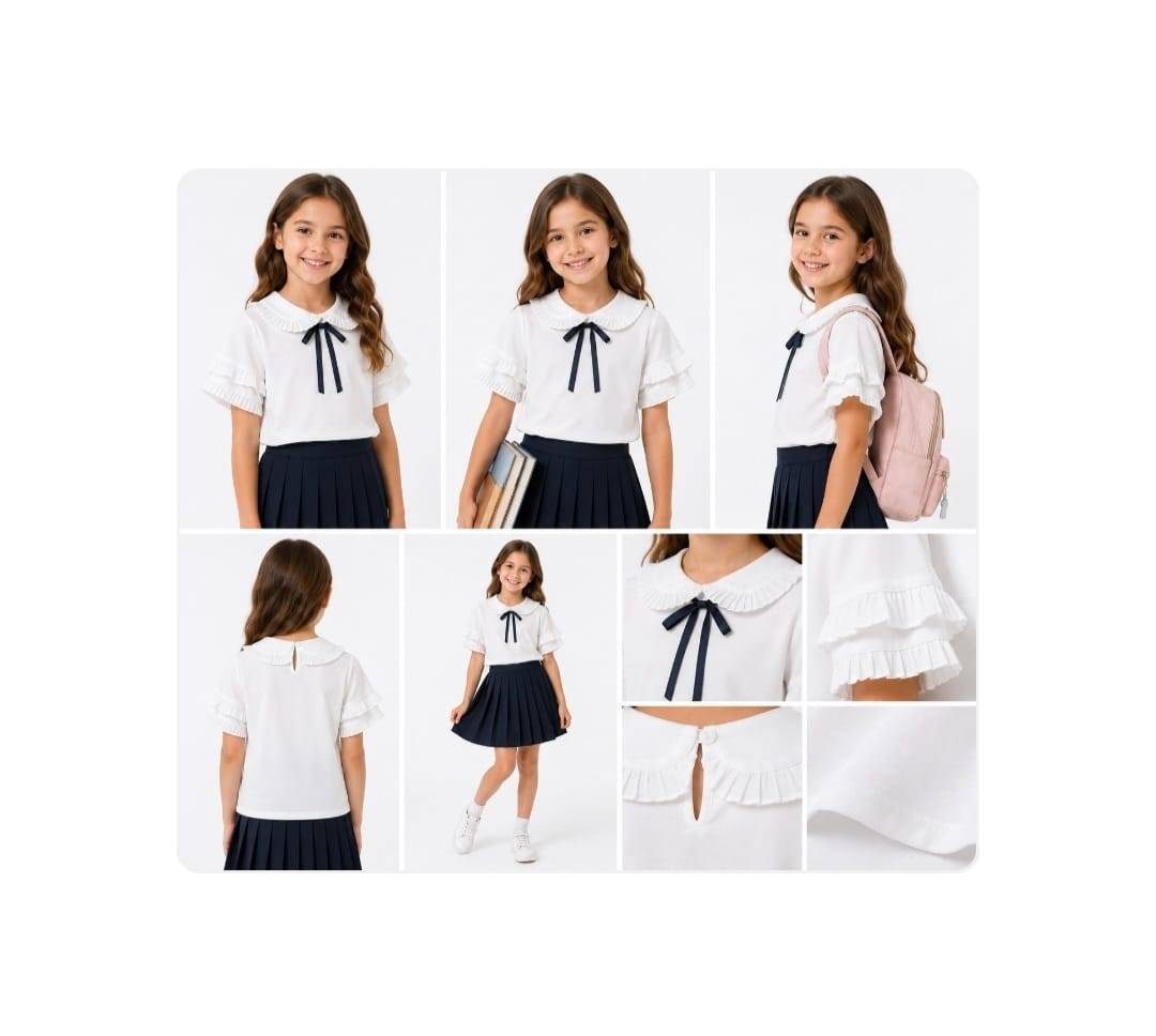 Bluza eleganta scoala, pentru fete, guler rotund si fundita, alb, 5 ani - 11 ani