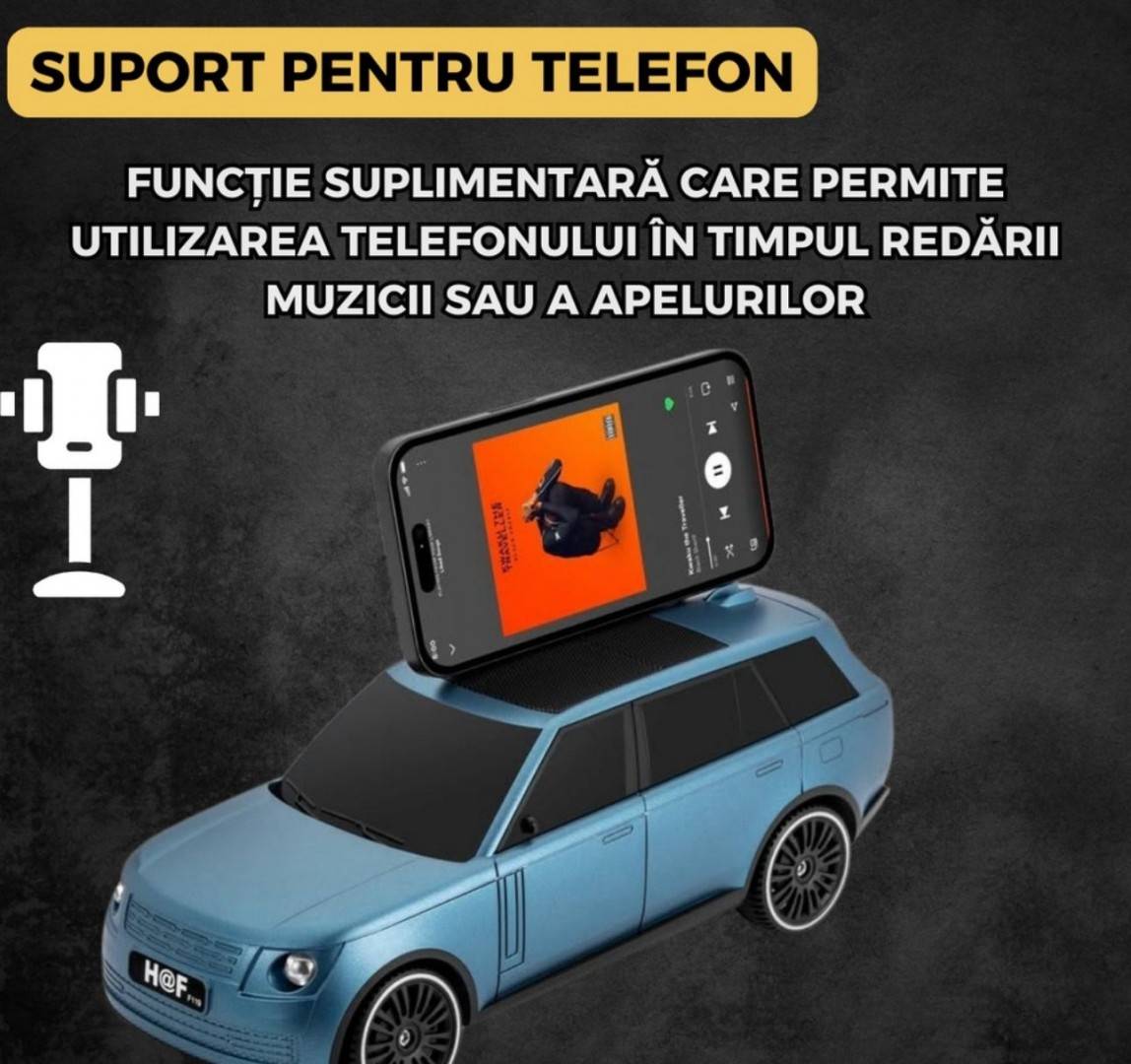 Boxa Portabila,Bluetooth 5.0 cu design de masina, faruri luminate, incarcare usb si panou solar, functie suport pentru telefon, albastra