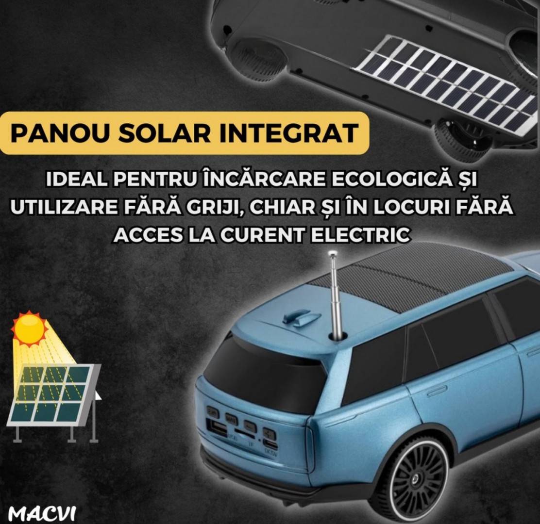 Boxa Portabila,Bluetooth 5.0 cu design de masina, faruri luminate, incarcare usb si panou solar, functie suport pentru telefon, albastra