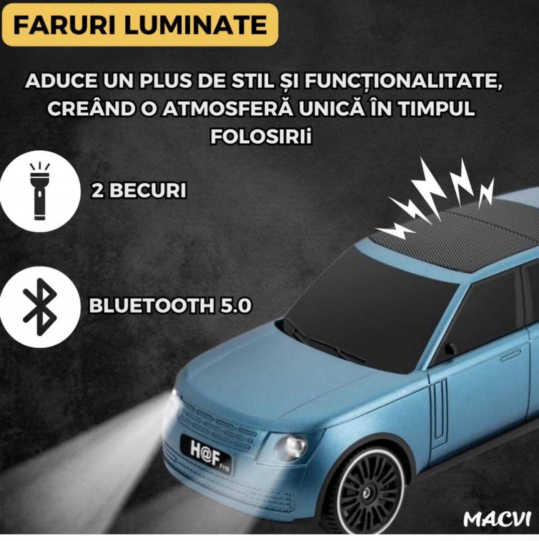 Boxa Portabila,Bluetooth 5.0 cu design de masina, faruri luminate, incarcare usb si panou solar, functie suport pentru telefon, albastra