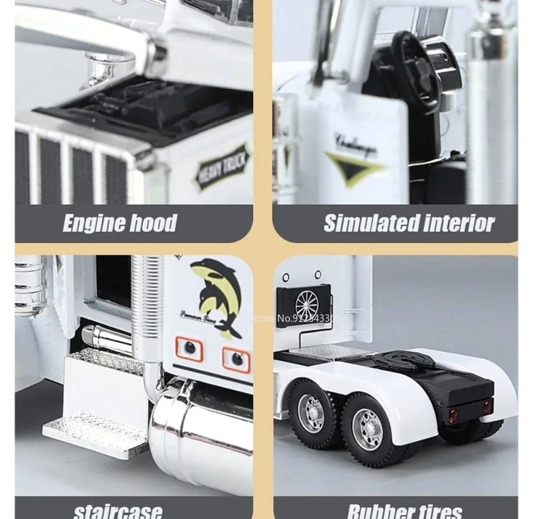Camion metal mecanic, model Peterbilt Heavy Truck 389, faruri luminoase, sunete, usi mobile, capota mobila, scara 1:24, alb, 24 cm
