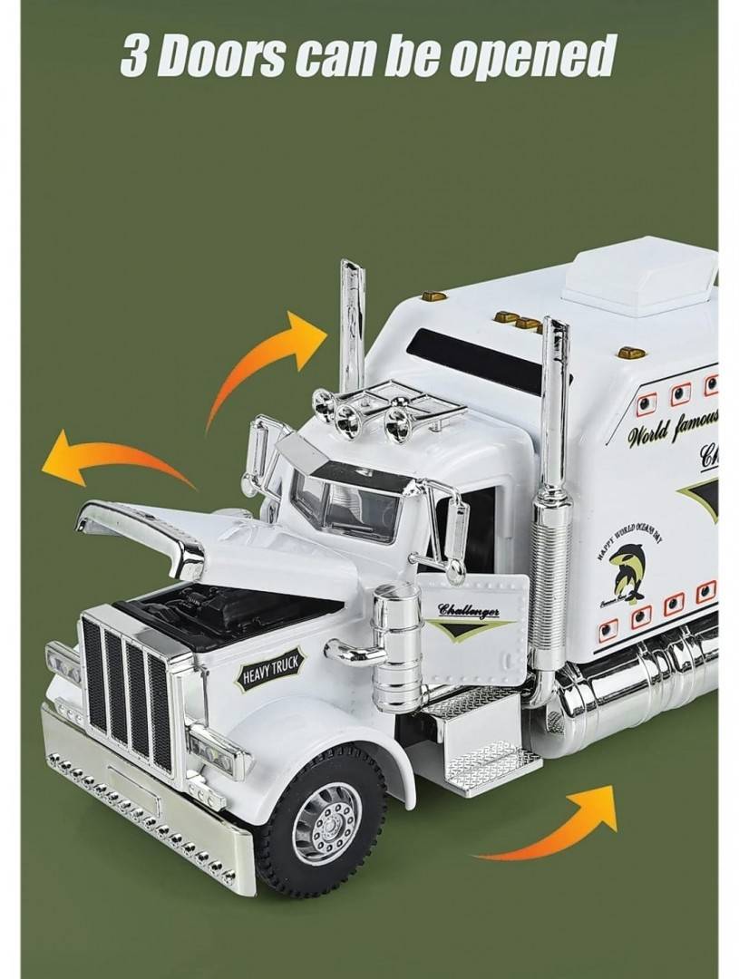 Camion metal mecanic, model Peterbilt Heavy Truck 389, faruri luminoase, sunete, usi mobile, capota mobila, scara 1:24, alb, 24 cm