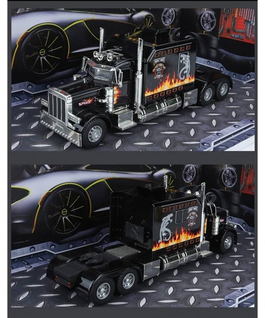 Camion metal mecanic, model Peterbilt Heavy Truck 389, faruri luminoase, sunete, usi mobile, capota mobila, scara 1:24, negru, 24 cm