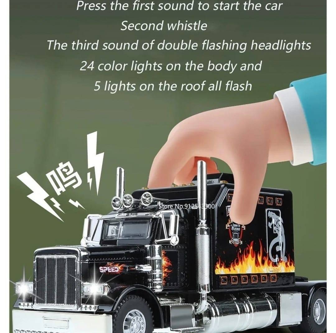 Camion metal mecanic, model Peterbilt Heavy Truck 389, faruri luminoase, sunete, usi mobile, capota mobila, scara 1:24, negru, 24 cm