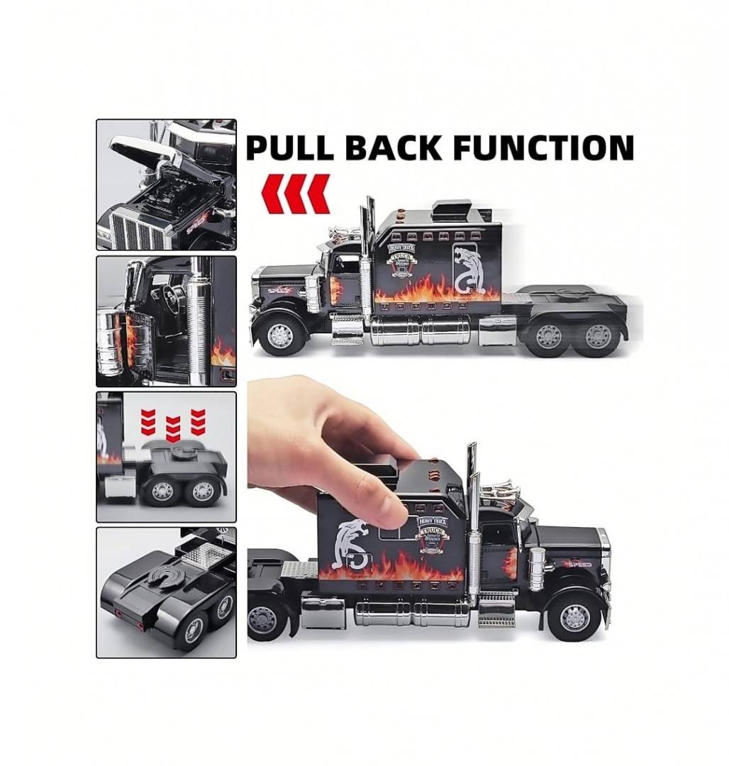Camion metal mecanic, model Peterbilt Heavy Truck 389, faruri luminoase, sunete, usi mobile, capota mobila, scara 1:24, negru, 24 cm