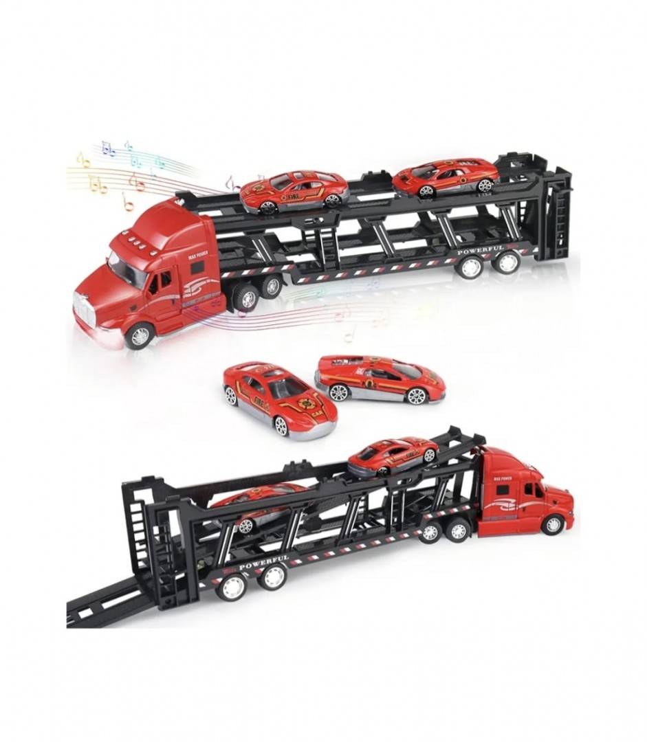 Camion transportator cu 2 masinute, metal/plastic, rosu/multicolor, 34 cm