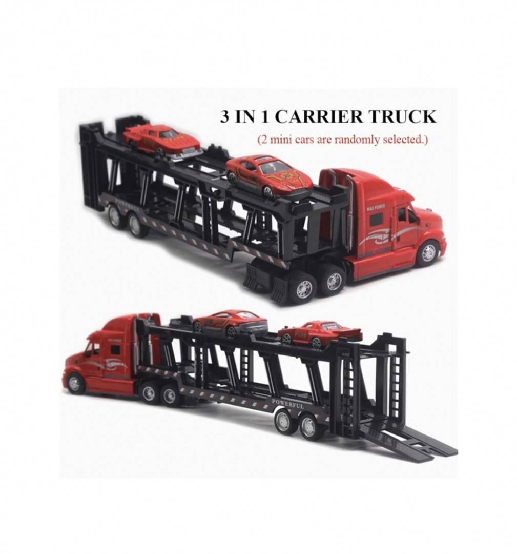 Camion transportator cu 2 masinute, metal/plastic, rosu/multicolor, 34 cm