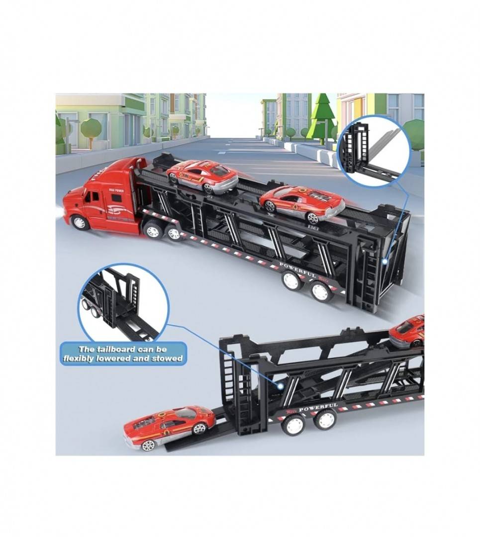 Camion transportator cu 2 masinute, metal/plastic, rosu/multicolor, 34 cm