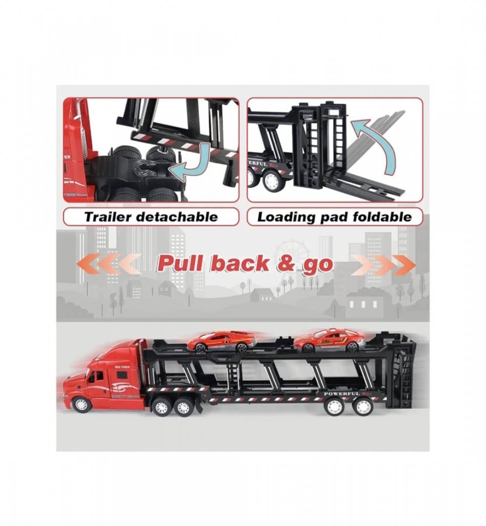 Camion transportator cu 2 masinute, metal/plastic, rosu/multicolor, 34 cm