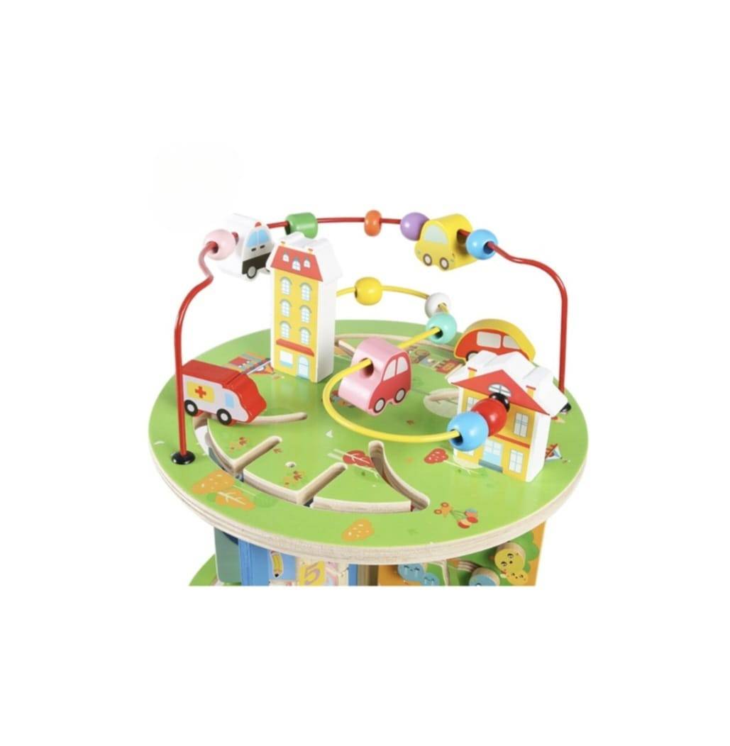 Centru activitati educative, Montessori, 7 in 1, roti zimtate, cuburi rotative, abac, ceas, labirint, 3D, bile si masinute, lemn, multicolor