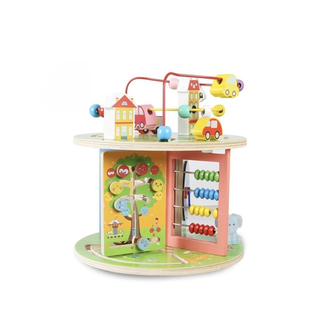 Centru activitati educative, Montessori, 7 in 1, roti zimtate, cuburi rotative, abac, ceas, labirint, 3D, bile si masinute, lemn, multicolor