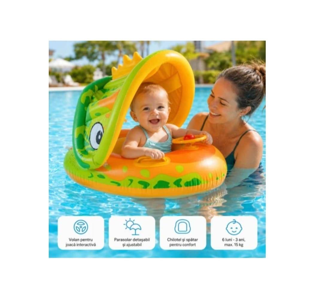 Colac multifunctional, model Dino, cu parasolar si volan, tip barcuta, multicolor, 6 luni-3 ani