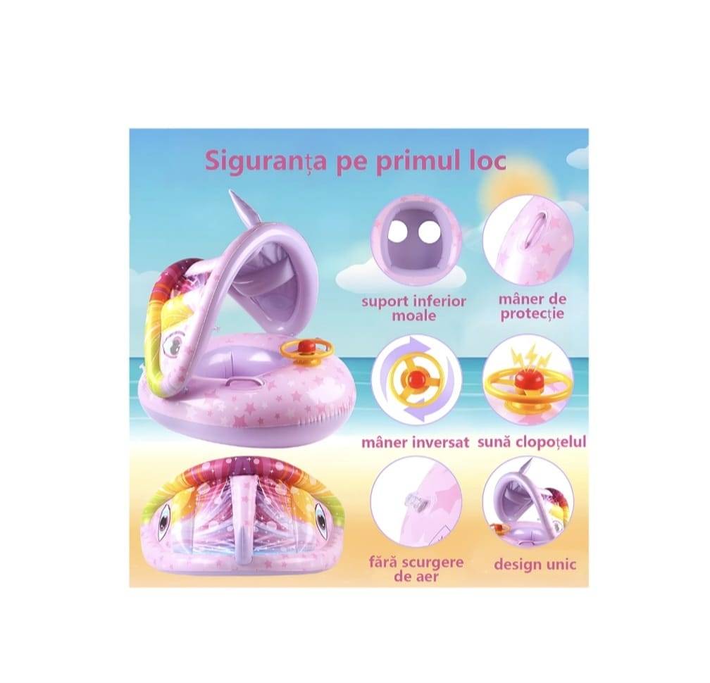 Colac multifunctional, model Unicorn, cu parasolar si volan, tip barcuta, mov, 6 luni-3 ani