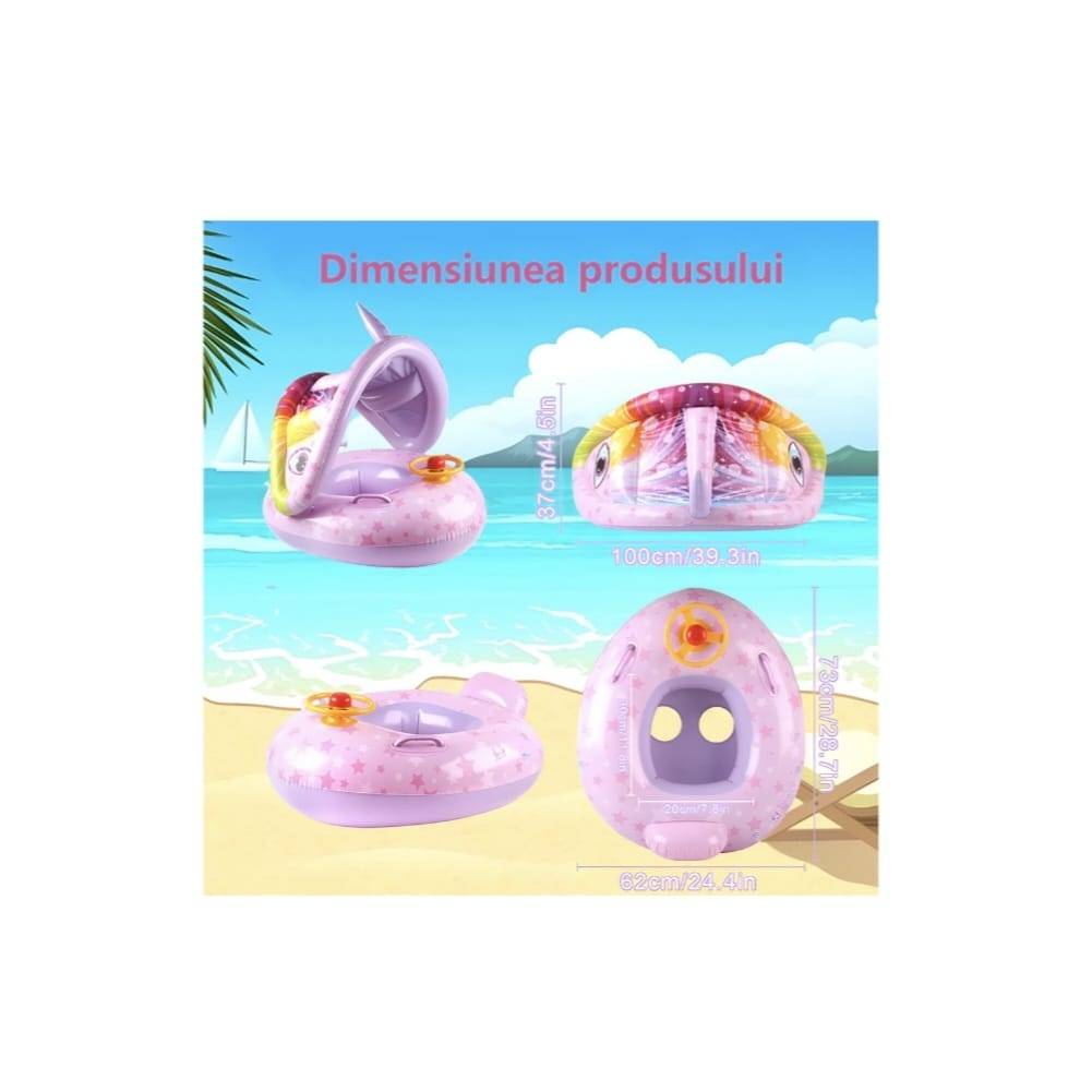 Colac multifunctional, model Unicorn, cu parasolar si volan, tip barcuta, mov, 6 luni-3 ani