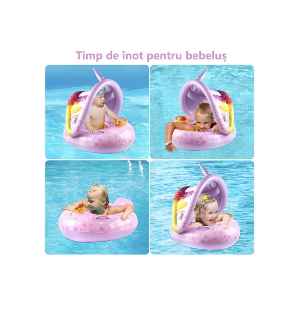 Colac multifunctional, model Unicorn, cu parasolar si volan, tip barcuta, mov, 6 luni-3 ani