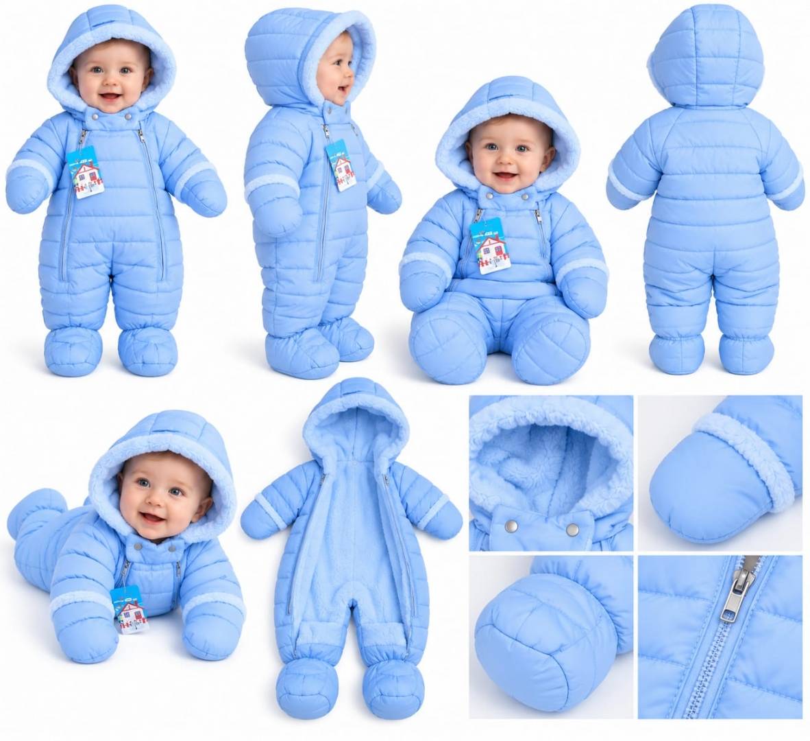 Combinezon de iarnă pentru bebeluși, cu glugă și botoșei, căptușit, blue, 1 luna - 9 luni