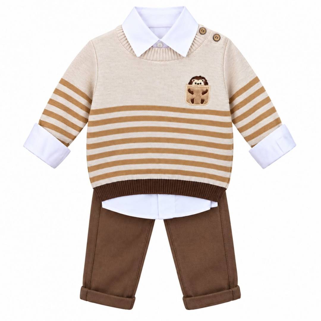 Compleu bebeluși 3 piese, pulover cu dungi și ursuleț, cămașă și pantaloni, 6 luni - 24 luni