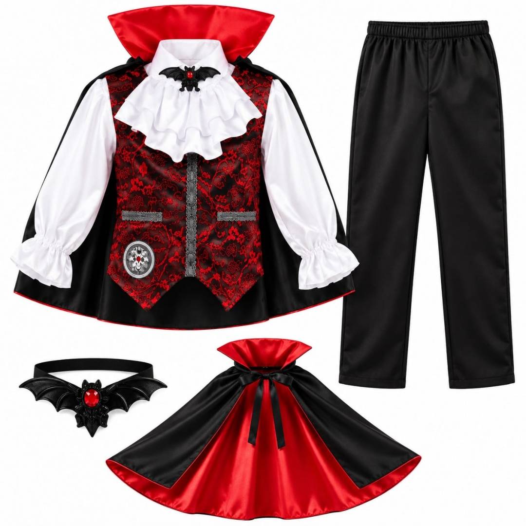Costum Dracula pentru Copii, Set Vampir Halloween, roșu/negru, 8–10 ani