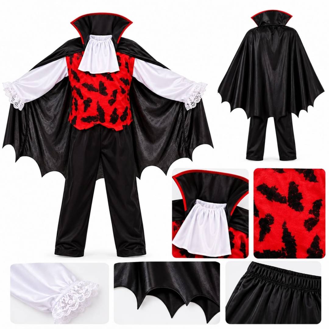 Costum Dracula Vampir pentru Copii – Halloween, Negru-Roșu, 4 ani -9 ani