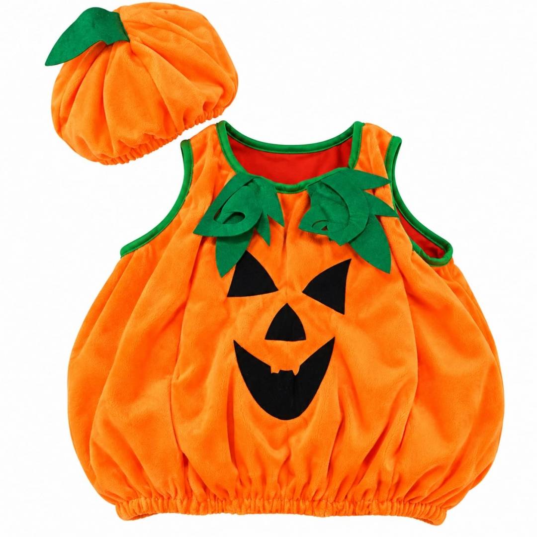 Costum Halloween, model Dovleac pentru copii, cu căciuliță, portocaliu, 1–3 ani