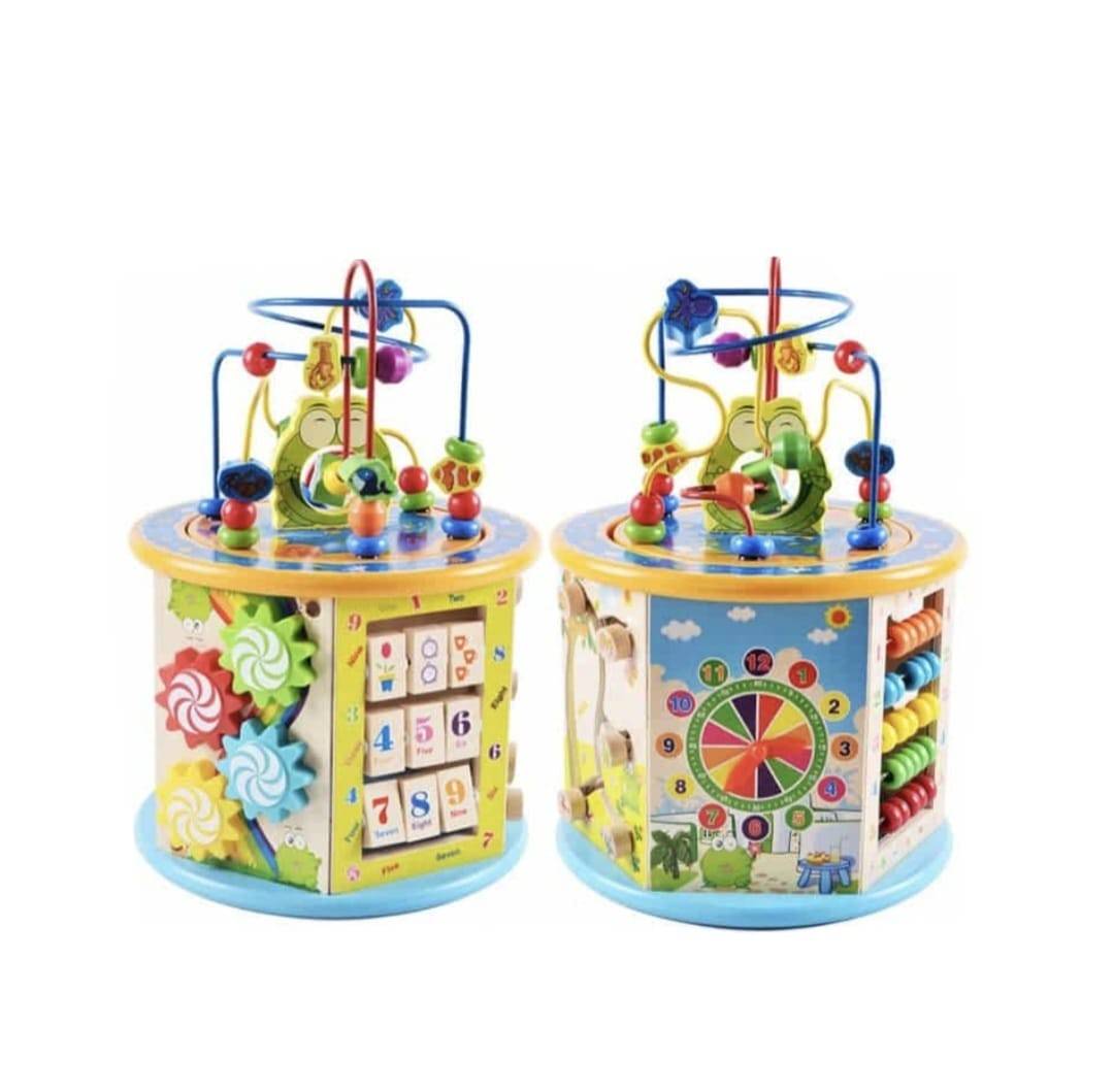 Cub Educativ din Lemn 8 in 1, 6 pereti cu functii si activitati, intercalar colorat, Ceas, Puzzle, Labirinturi, abacus, sah, multicolor