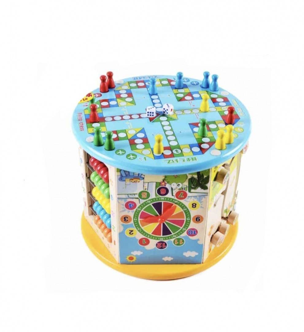 Cub Educativ din Lemn 8 in 1, 6 pereti cu functii si activitati, intercalar colorat, Ceas, Puzzle, Labirinturi, abacus, sah, multicolor