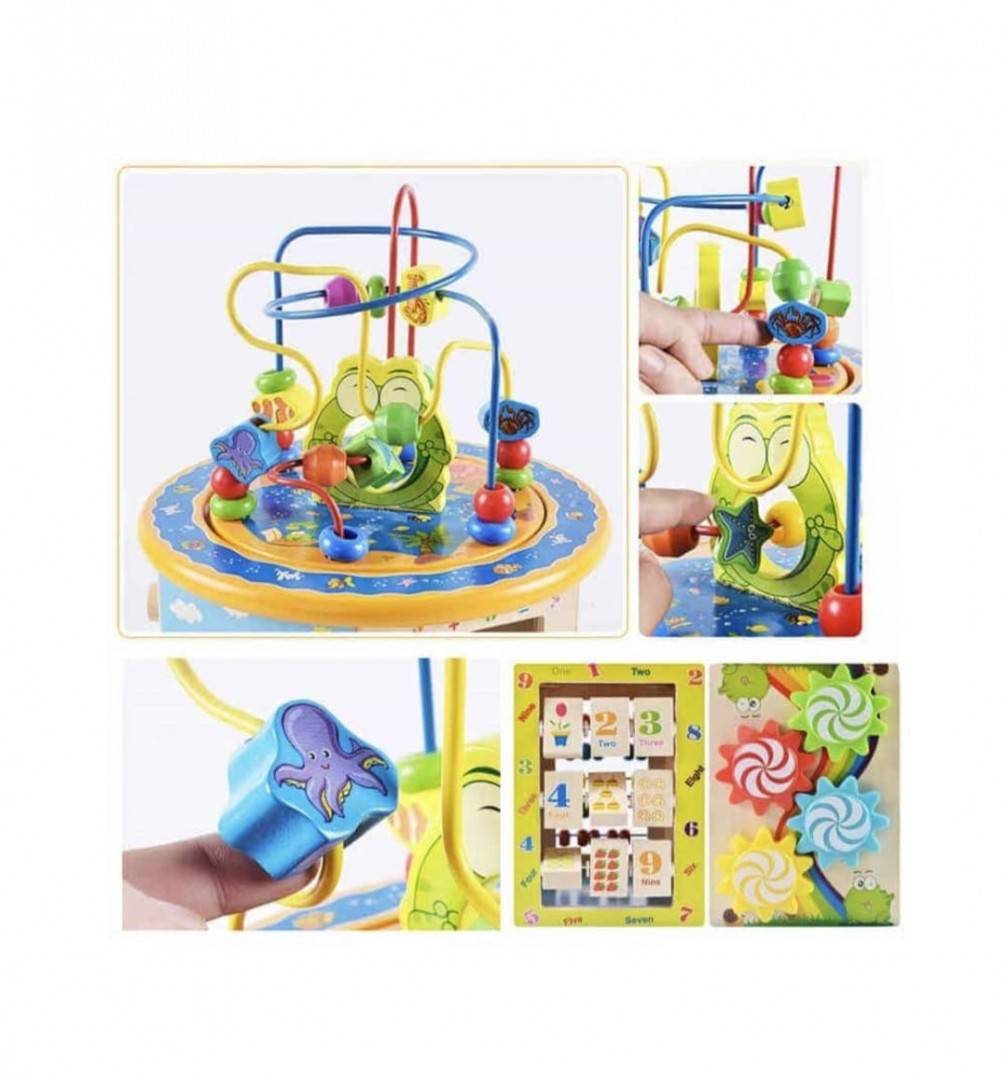 Cub Educativ din Lemn 8 in 1, 6 pereti cu functii si activitati, intercalar colorat, Ceas, Puzzle, Labirinturi, abacus, sah, multicolor