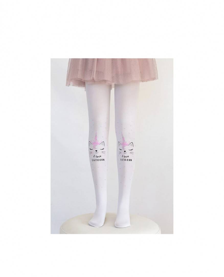  Dres lycra fetite, model Pisica Unicorn, alb, marimea 5 ani - 10 ani