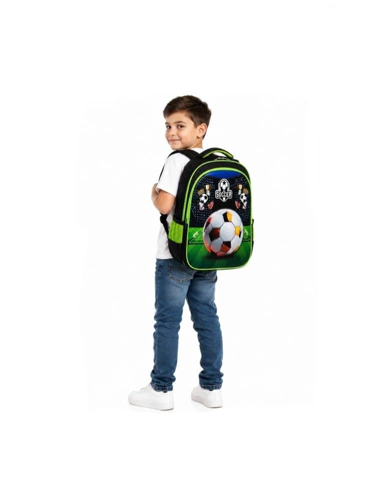 Ghiozdan scolar pentru baieti, model Fotbal, verde, 6 ani - 9 ani, 38 x 28 x 15