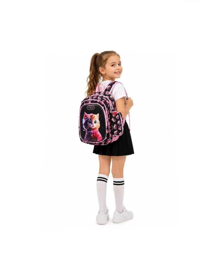 Ghiozdan scolar pentru fetite, model Pisica, penar asortat, multicolor, 6 ani - 9 ani, 38 x 28 x 15