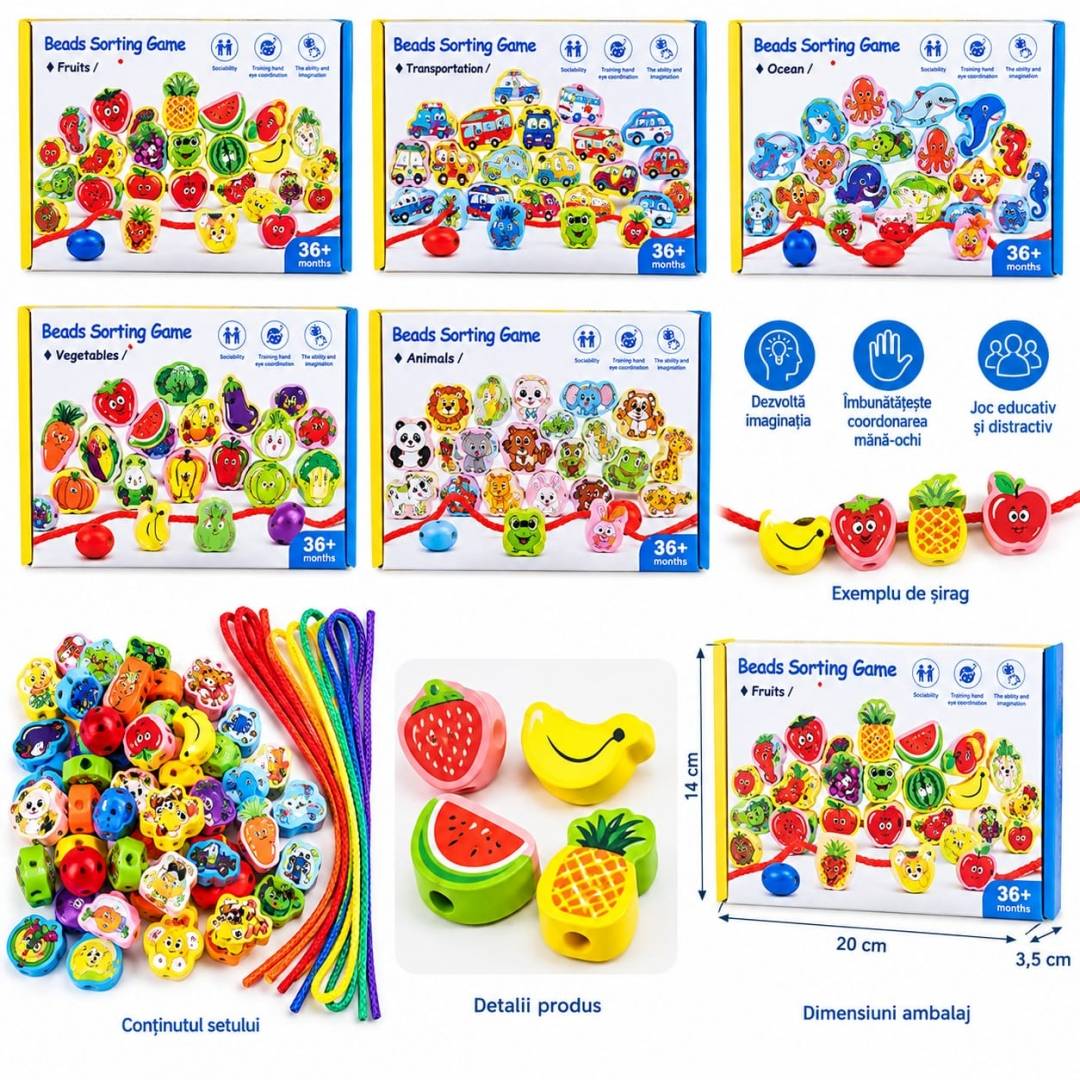 Joc de snuruit, Fructe si Margele, Montessori, lemn, 78 piese