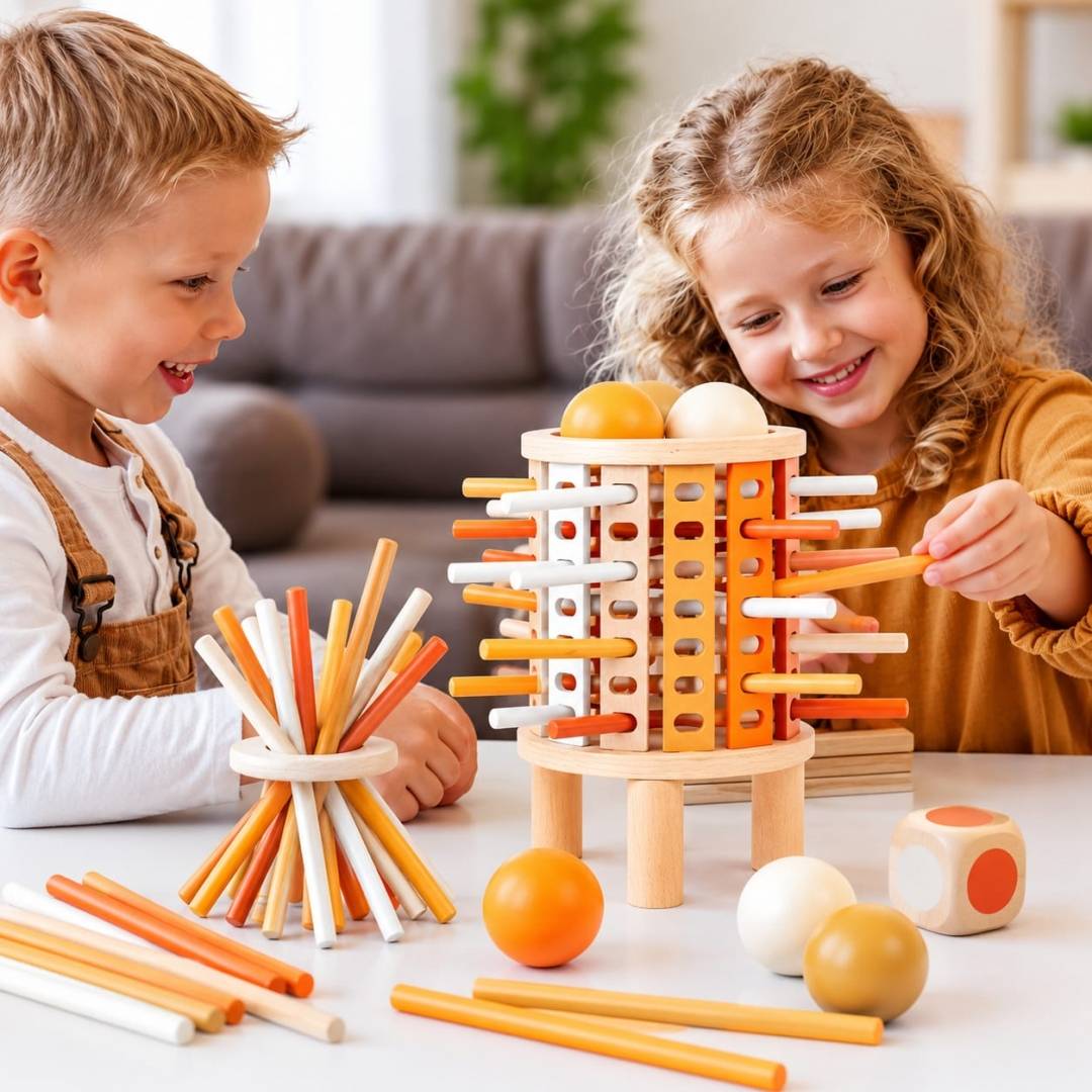 Joc montessori de societate, Joc de echilibru cu bețe și bile, lemn, 3 ani+