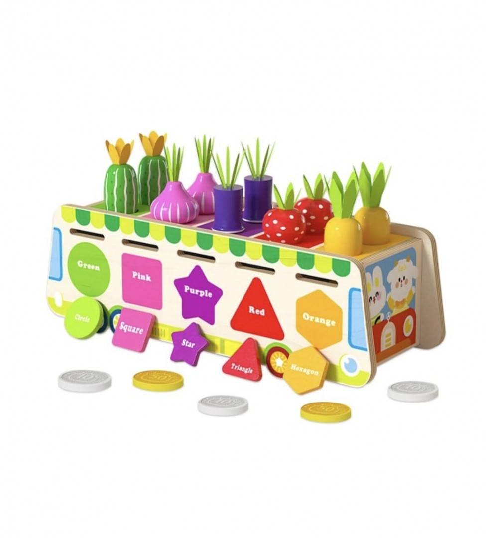 Joc multifunctional, sortare si clasificare, Toneta cu fructe si legume, montessori, lemn, multicolor