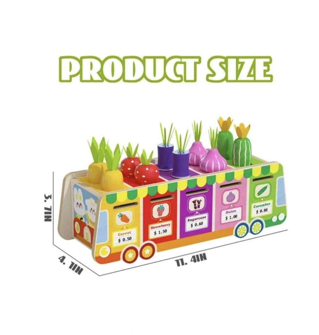 Joc multifunctional, sortare si clasificare, Toneta cu fructe si legume, montessori, lemn, multicolor