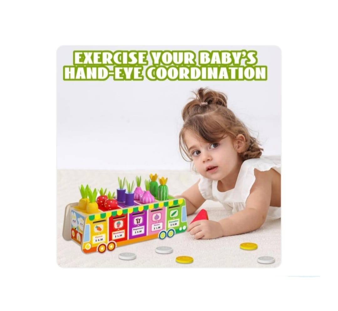 Joc multifunctional, sortare si clasificare, Toneta cu fructe si legume, montessori, lemn, multicolor