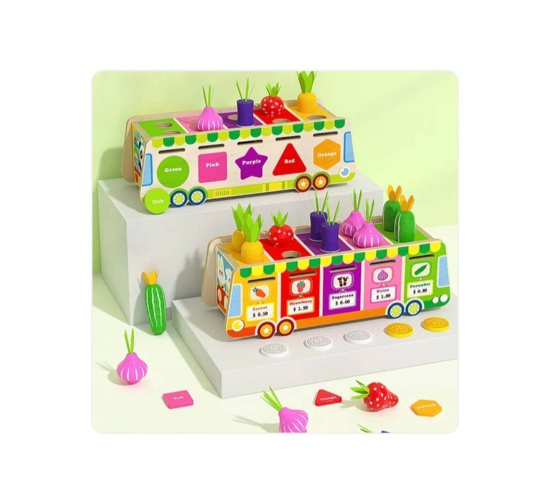 Joc multifunctional, sortare si clasificare, Toneta cu fructe si legume, montessori, lemn, multicolor