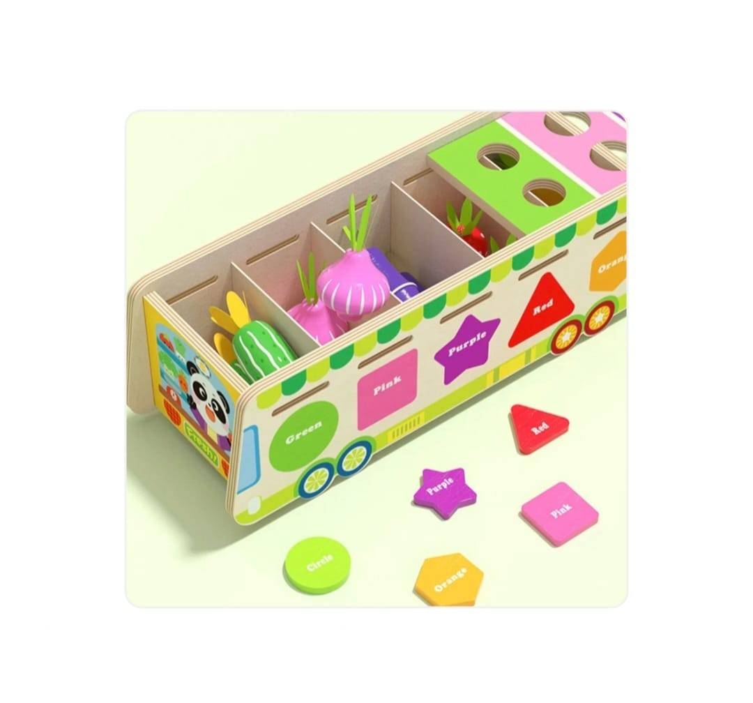 Joc multifunctional, sortare si clasificare, Toneta cu fructe si legume, montessori, lemn, multicolor