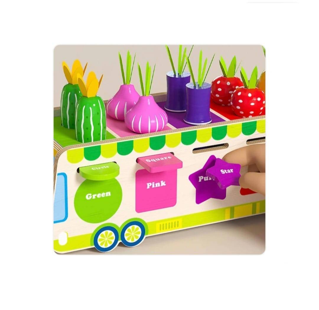 Joc multifunctional, sortare si clasificare, Toneta cu fructe si legume, montessori, lemn, multicolor