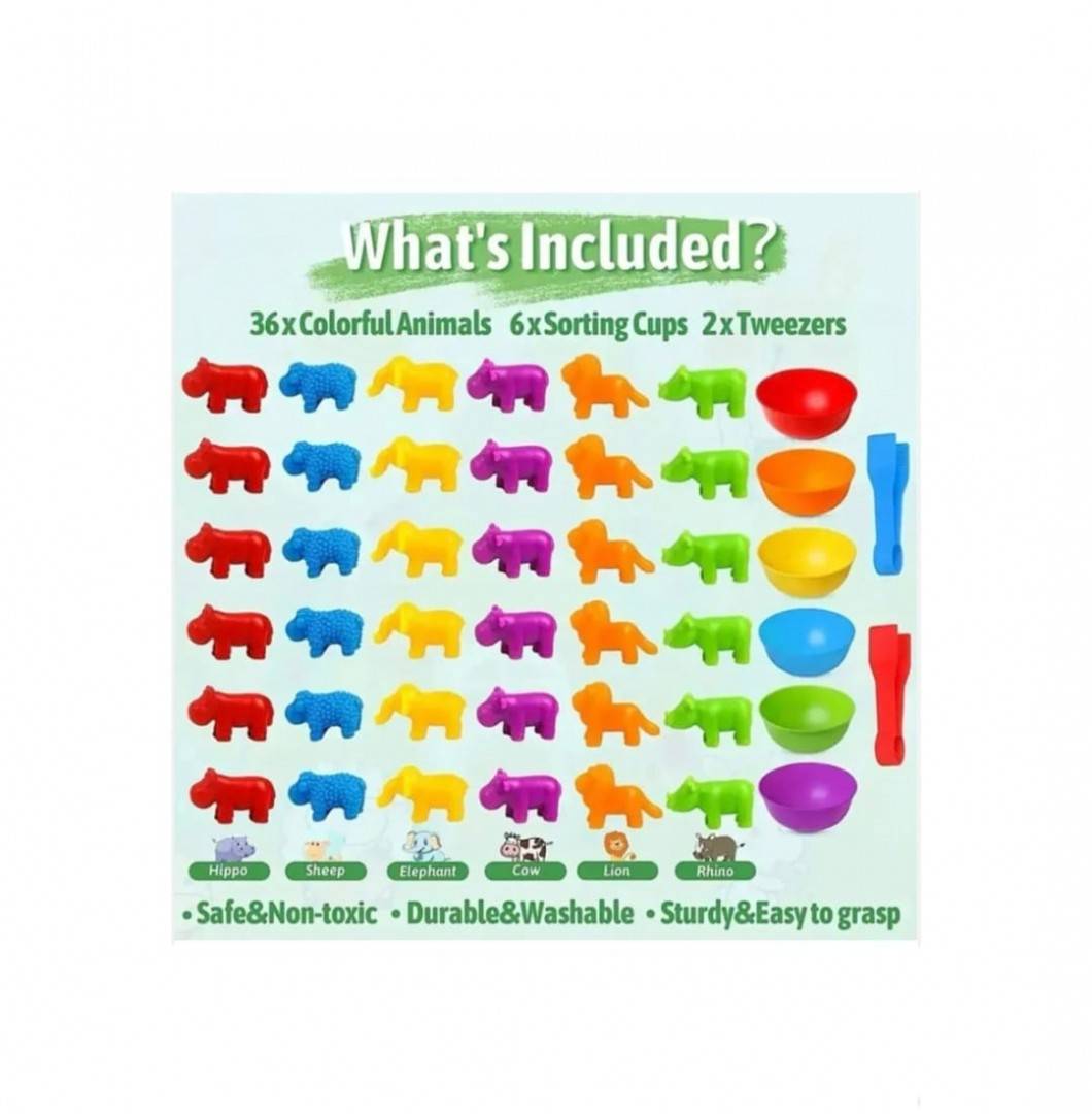 Joc sortare culori, Animale Jungla, clasificare si numarat, multicolor, 36 piese