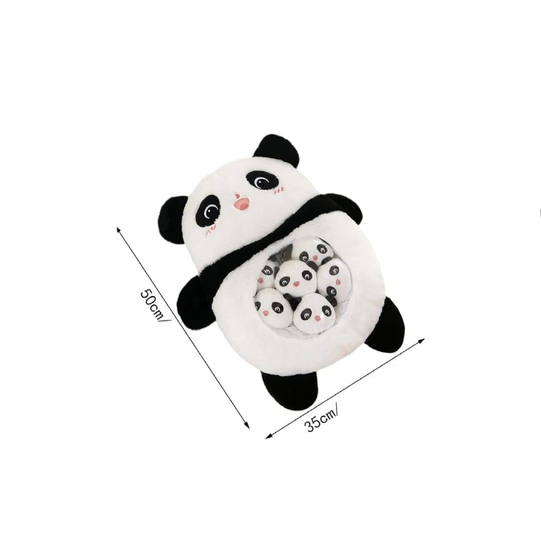 Jucarie de plus tip perna, Panda cu 6 pui, alb/multicolor, 45 cm