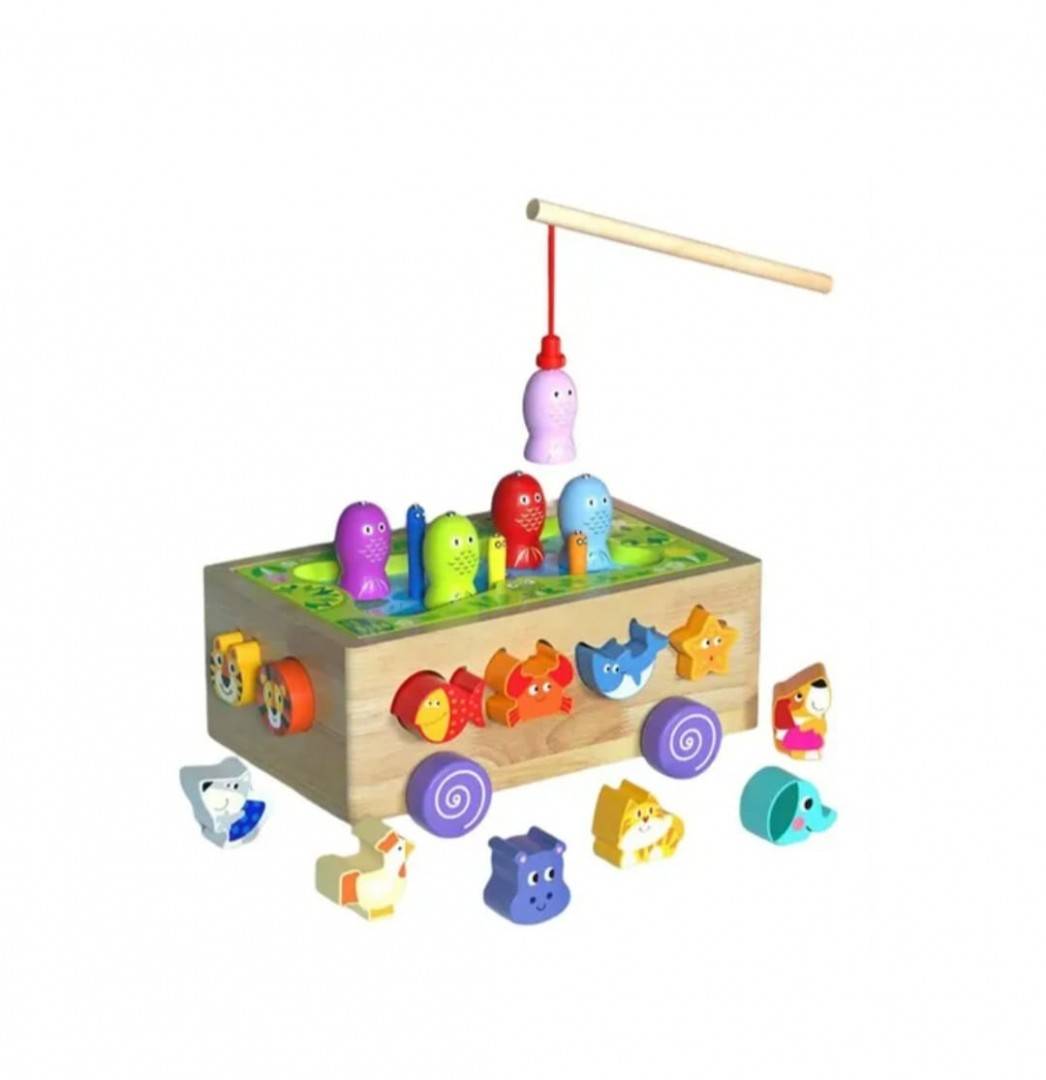 Jucarie de tras din lemn cu sortator, pescuit, forme si animale, multicolor, 18 luni +