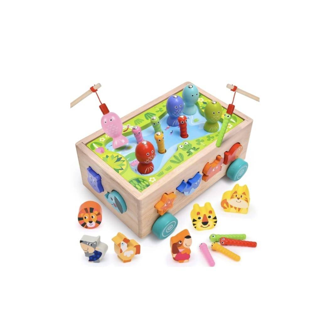 Jucarie de tras din lemn cu sortator, pescuit, forme si animale, multicolor, 18 luni +