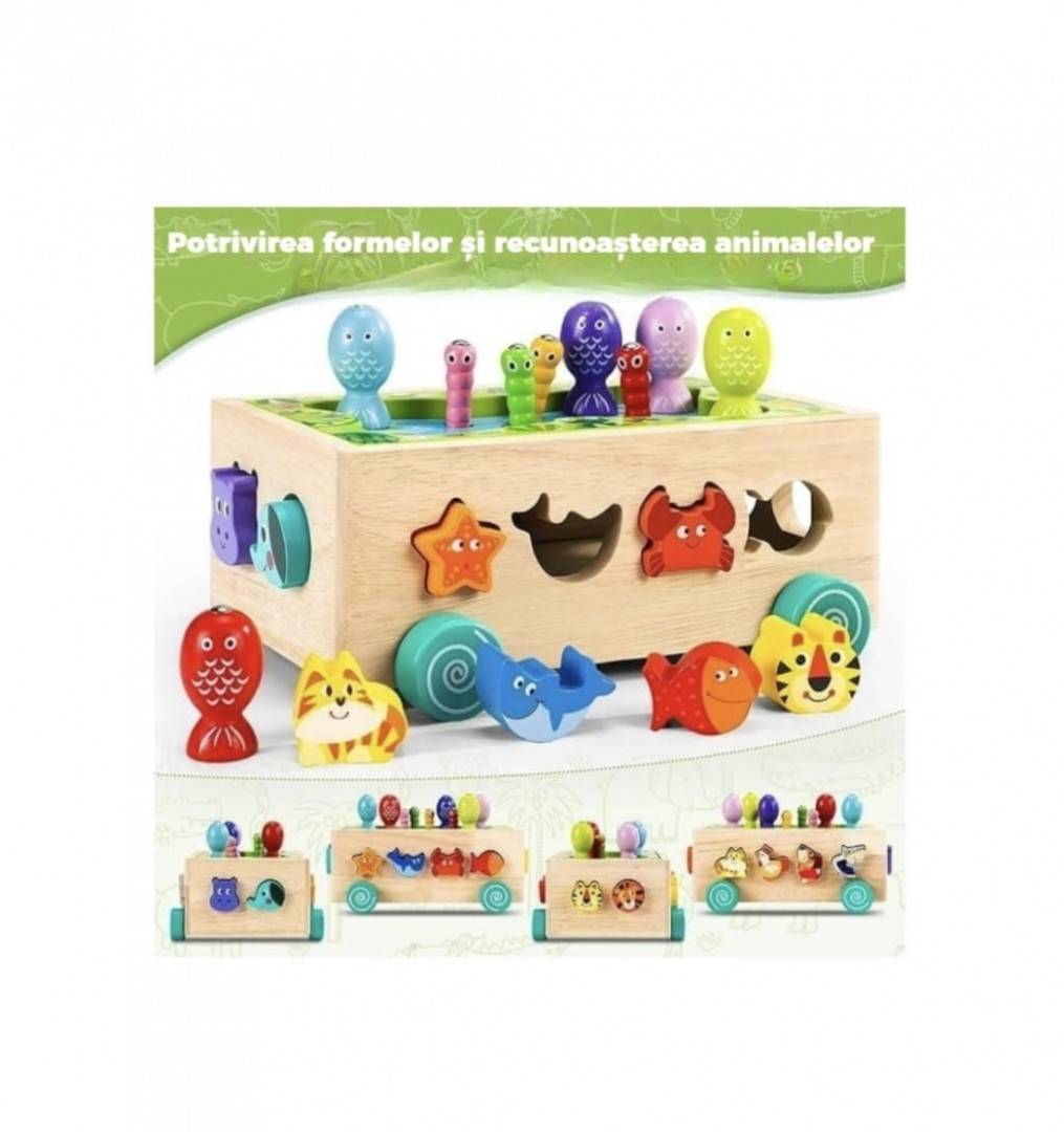 Jucarie de tras din lemn cu sortator, pescuit, forme si animale, multicolor, 18 luni +