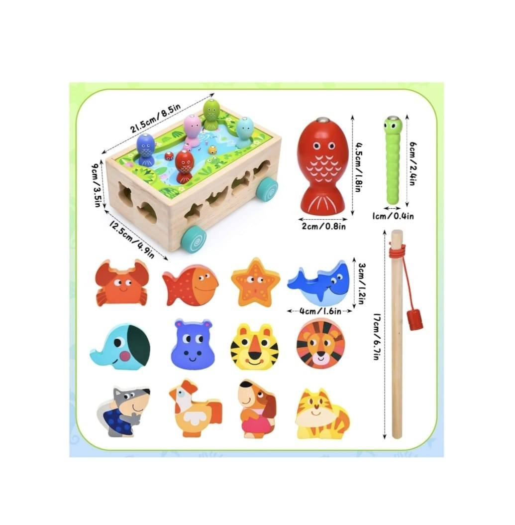 Jucarie de tras din lemn cu sortator, pescuit, forme si animale, multicolor, 18 luni +