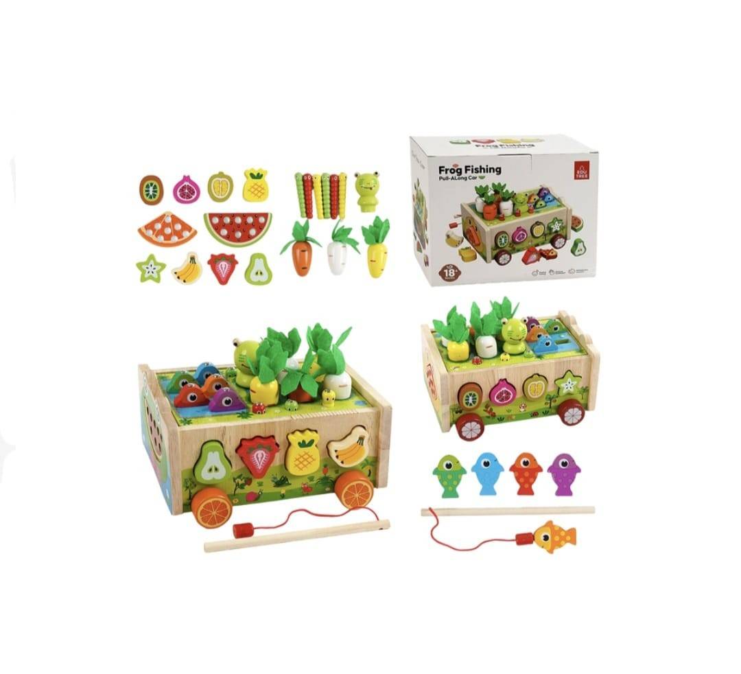 Jucarie de tras din lemn cu sortator pescuit,6 viermi, 10 fructe, 6 legume, multicolor, 18 luni+