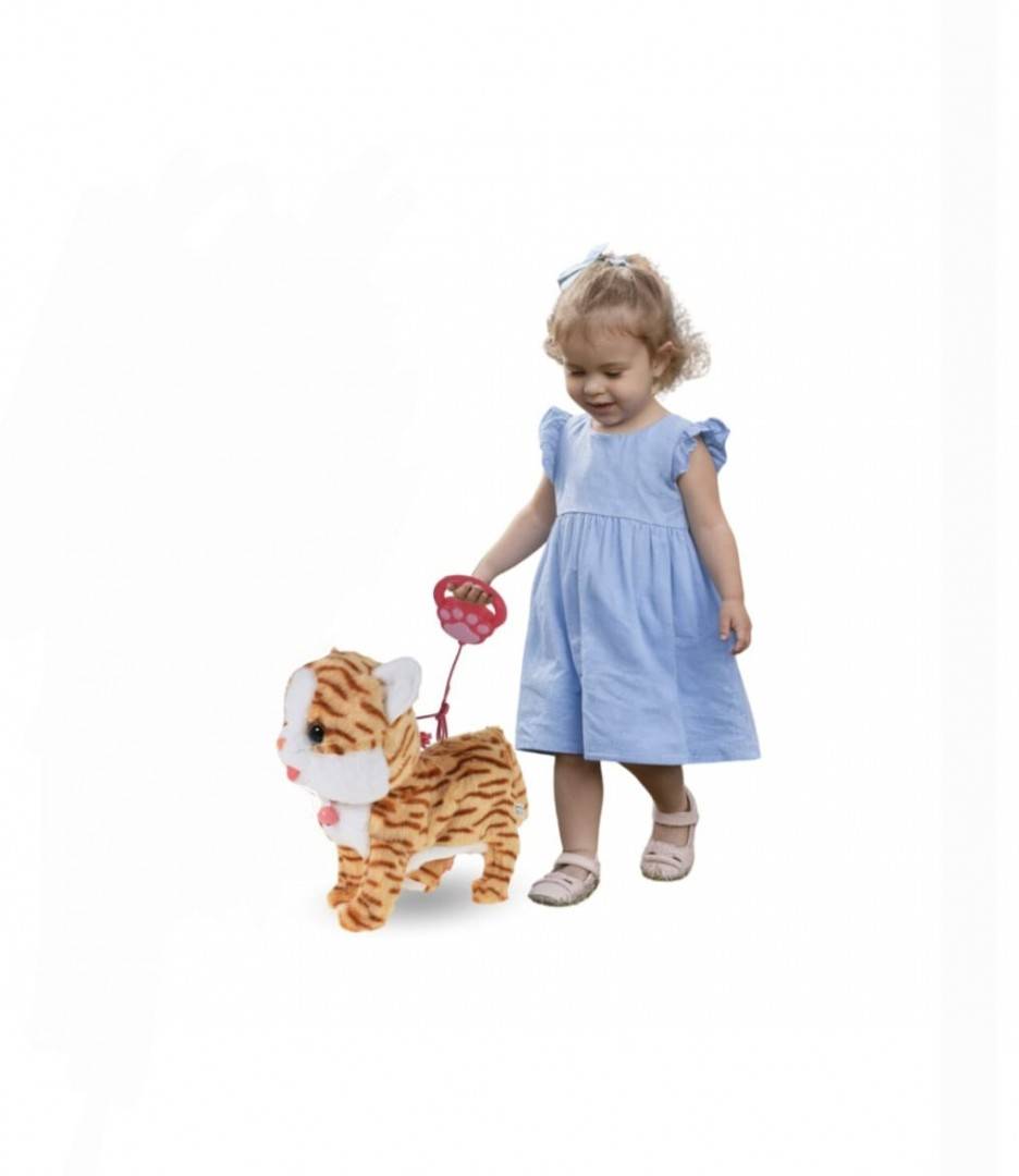 Jucarie interactiva, Pisicuta cu lesa, MASHASHOP, merge, sunet, miauna, roscat, 30 cm